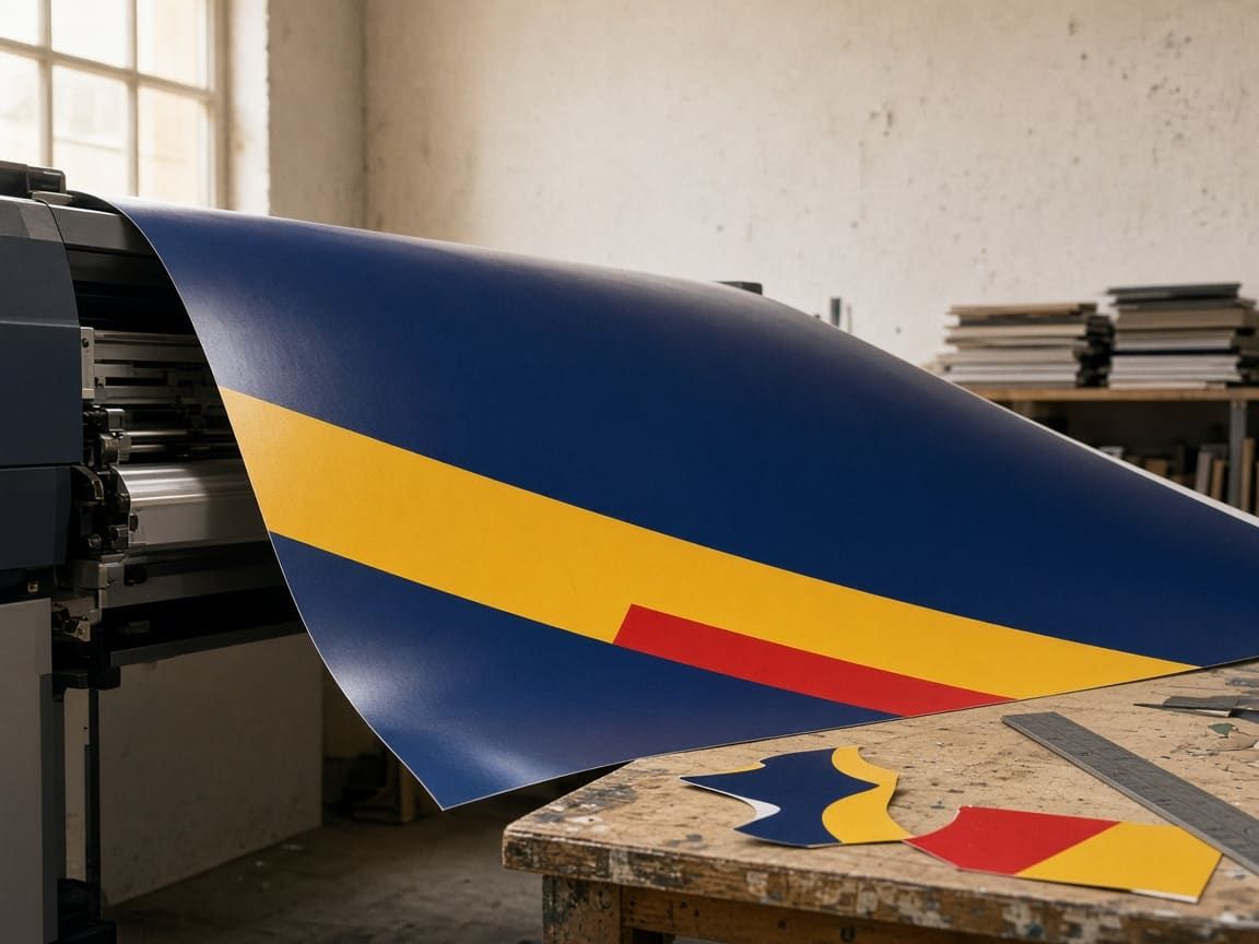 Impressora de grande formato soltando uma arte azul e amarela, com retalhos de vinil na mesa